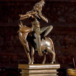 Bronze Krishna Statue with flute and cow